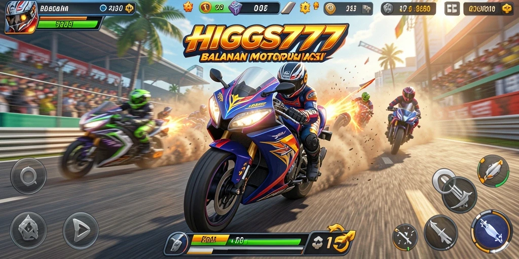 Tampilan gameplay mendebarkan HIGGS777 dengan aksi balapan motor.