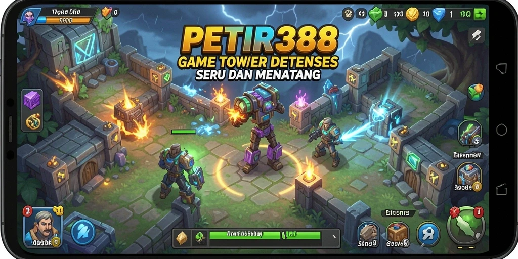 Gameplay PETIR388 dengan menara pertahanan yang strategis.