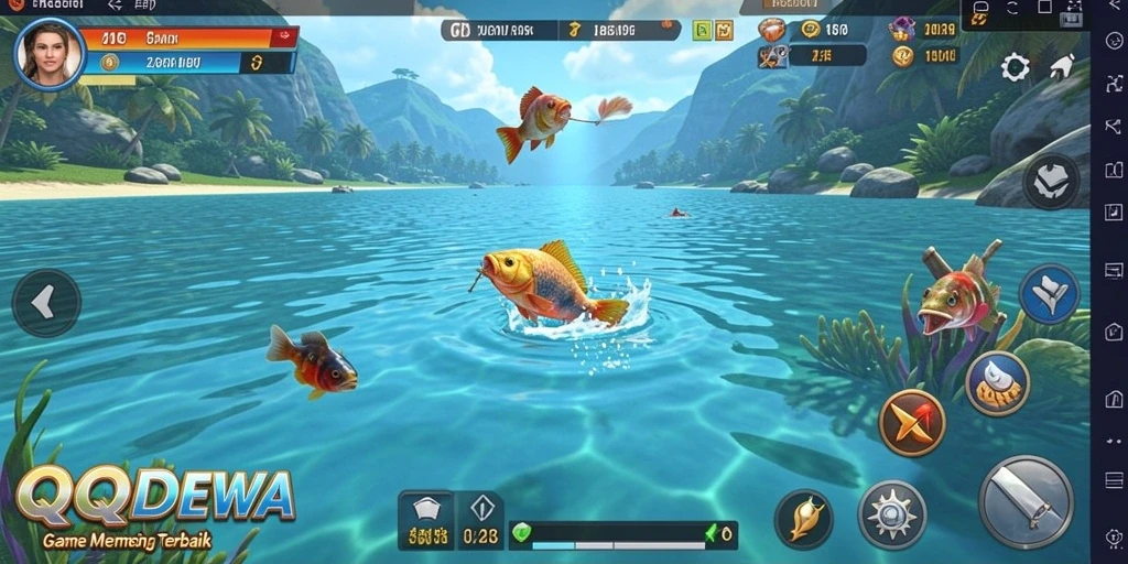 Screenshot QQDEWA menampilkan aksi memancing penuh warna dan grafis menarik.