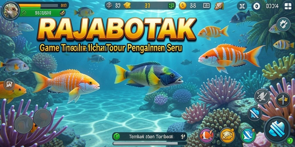 Tampilan gameplay RAJABOTAK dengan aksi menembak ikan yang seru.