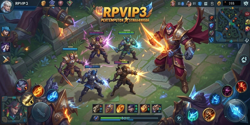 Gameplay MOBA yang seru dengan strategi tim yang intens.