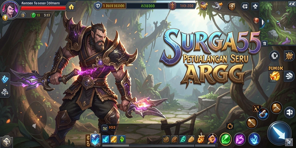 Tangkapan layar gameplay <strong>SURGA55</strong> menampilkan pertarungan dan eksplorasi dunia yang epik.