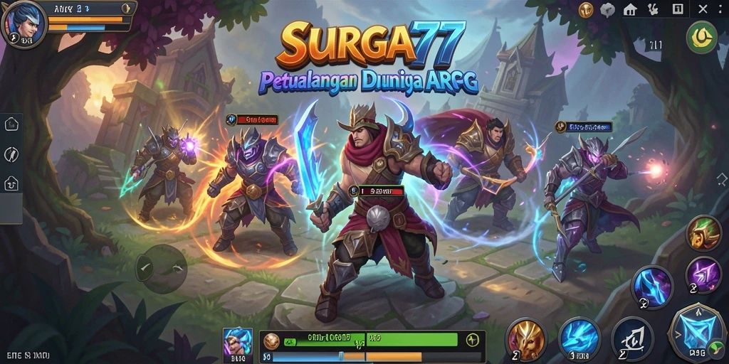 Screenshot gameplay SURGA77 menampilkan pertarungan epik dalam dunia fantasi.