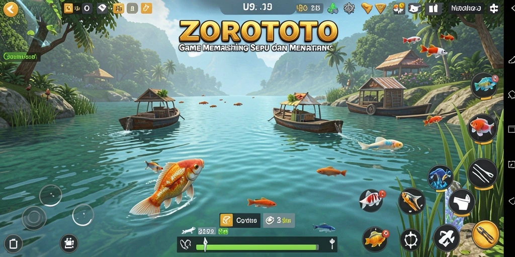 Tampilan gameplay ZOROTOTO saat menangkap ikan di danau.